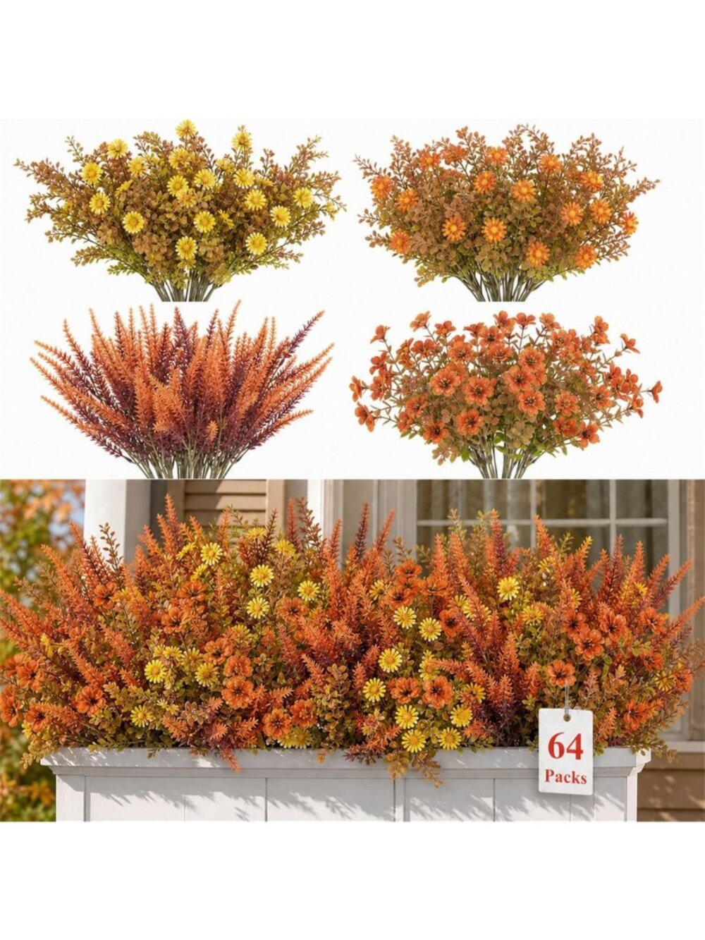 64 Bundles UV Resistant Faux Fall Flowers - Vibrant Orange Mums, No Fade Decor